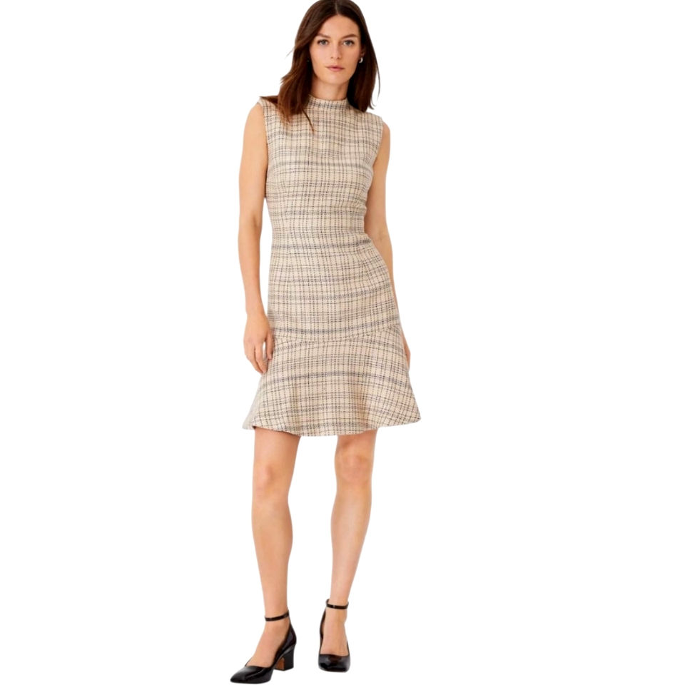 Nwt Ann Taylor Toasted Oat Tweed Mock Turtleneck Sleeveless Flounce Hem Dress